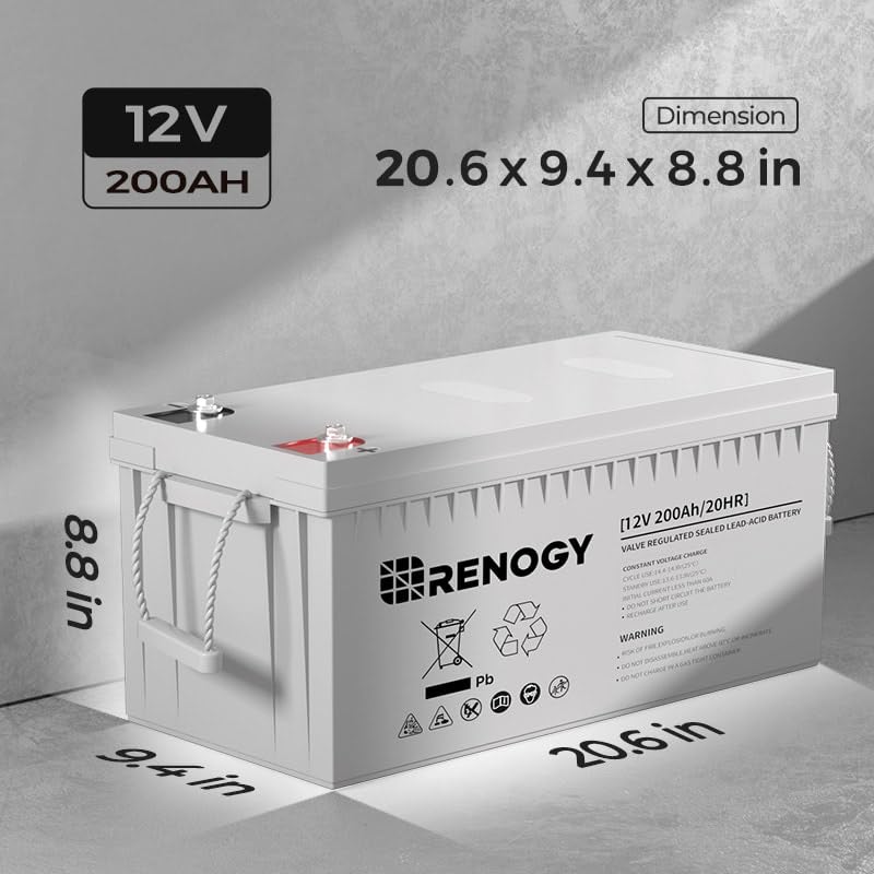Renogy Deep Cycle AGM Battery 12V 200Ah, 2000A Max Discharge, Maintenance-Free, Gray, Model RNG-BATT-AGM12-200