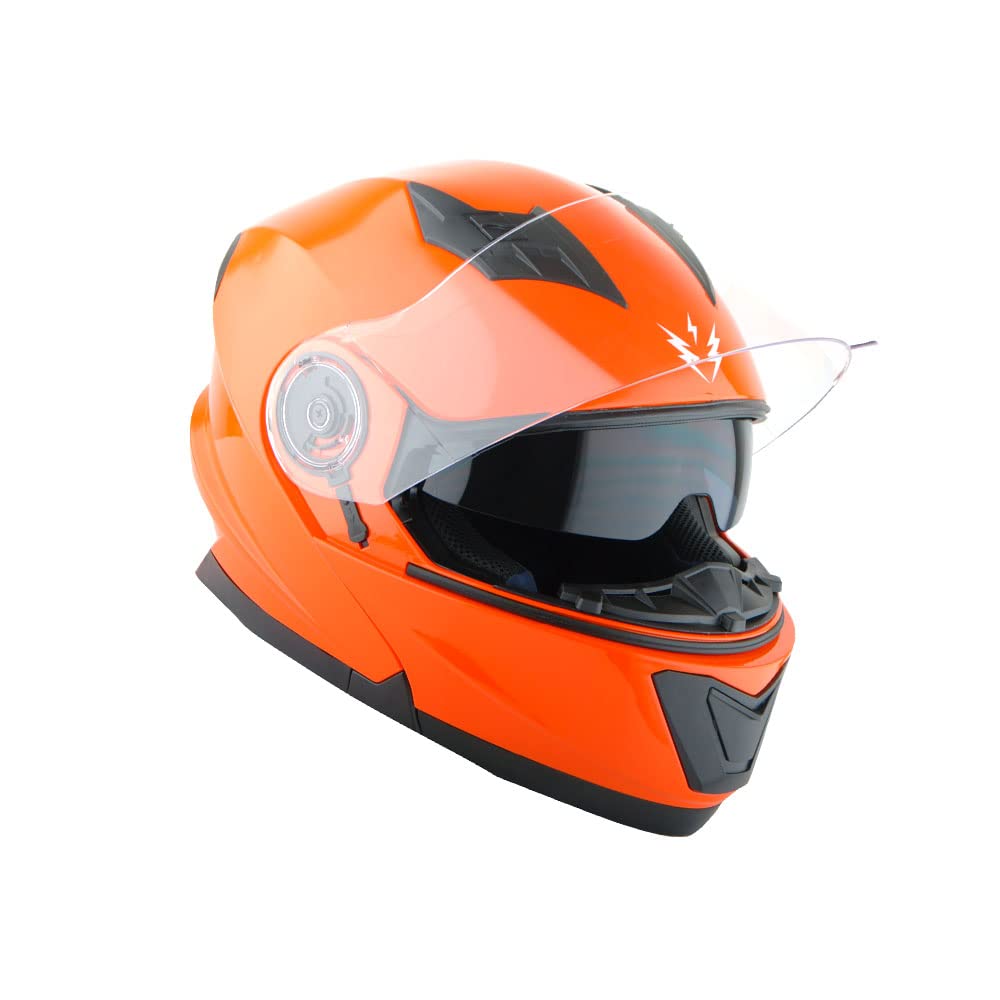 1Storm Modular Full Face Motorcycle Helmet - Medium, Plastic, Glossy Orange, Dual Visor, Model NOLED901Clear
