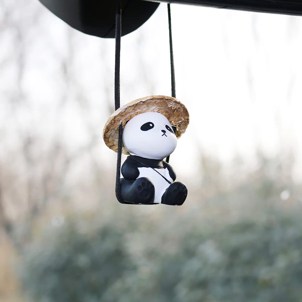 Amioro Cute Swinging Panda Car Mirror Accessories Fun Interior Rearview Mirrors Decorations (Hat Panda)