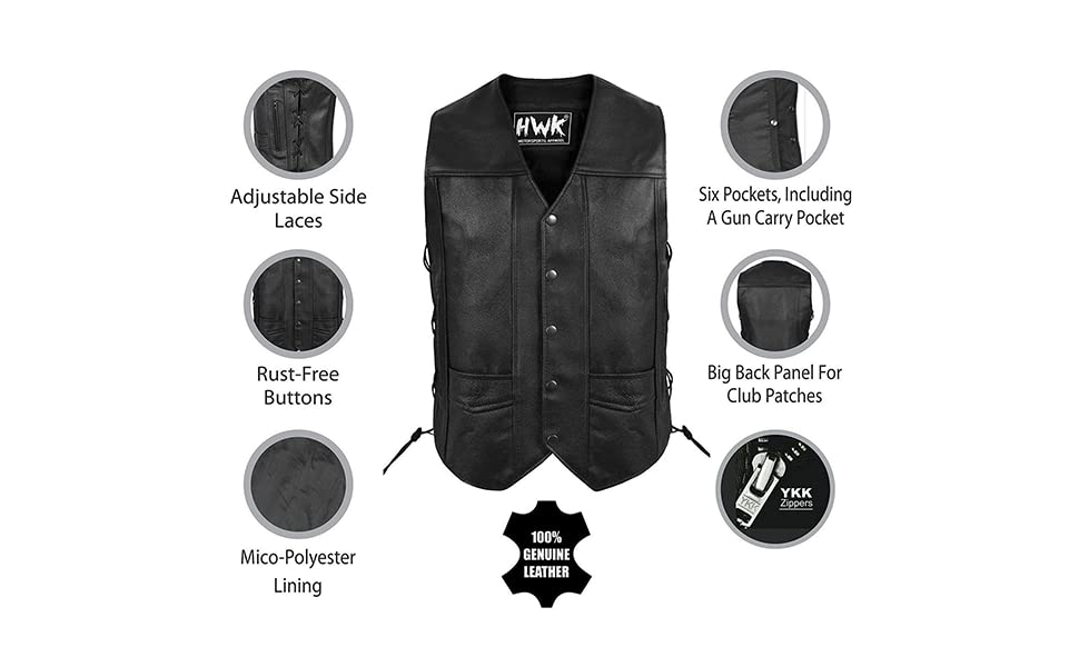HWK Leather Motorcycle Vest - Black Genuine Leather, XL, with Concealed Carry Pocket, 100% Polyester Lining for All-Weather Riding
