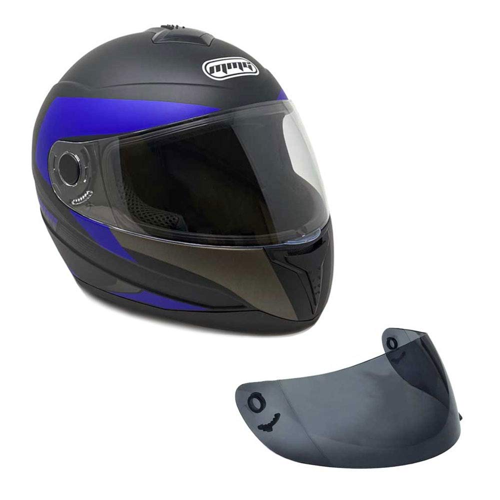 MMG Motorcycle Full Face Helmet DOT Street Legal Comes with Clear Shield and Spare Smoked Shield (MGAH26) (Matte Black Blue, Lar