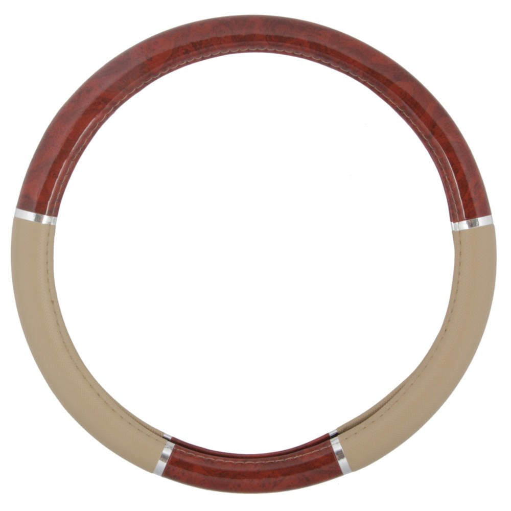 BDK Dark Wood Grain Steering Wheel Cover, 15" Universal Size, Beige Faux Leather Grip, Model SW-238-BG