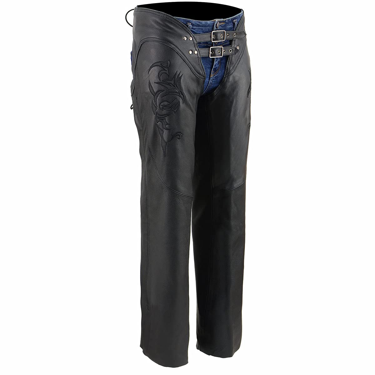 Milwaukee Leather Chaps for Women Black Low-Rise Waist- Double Buckle Reflective Embroidery Motorcycle Chap- ML1187-4X-Large