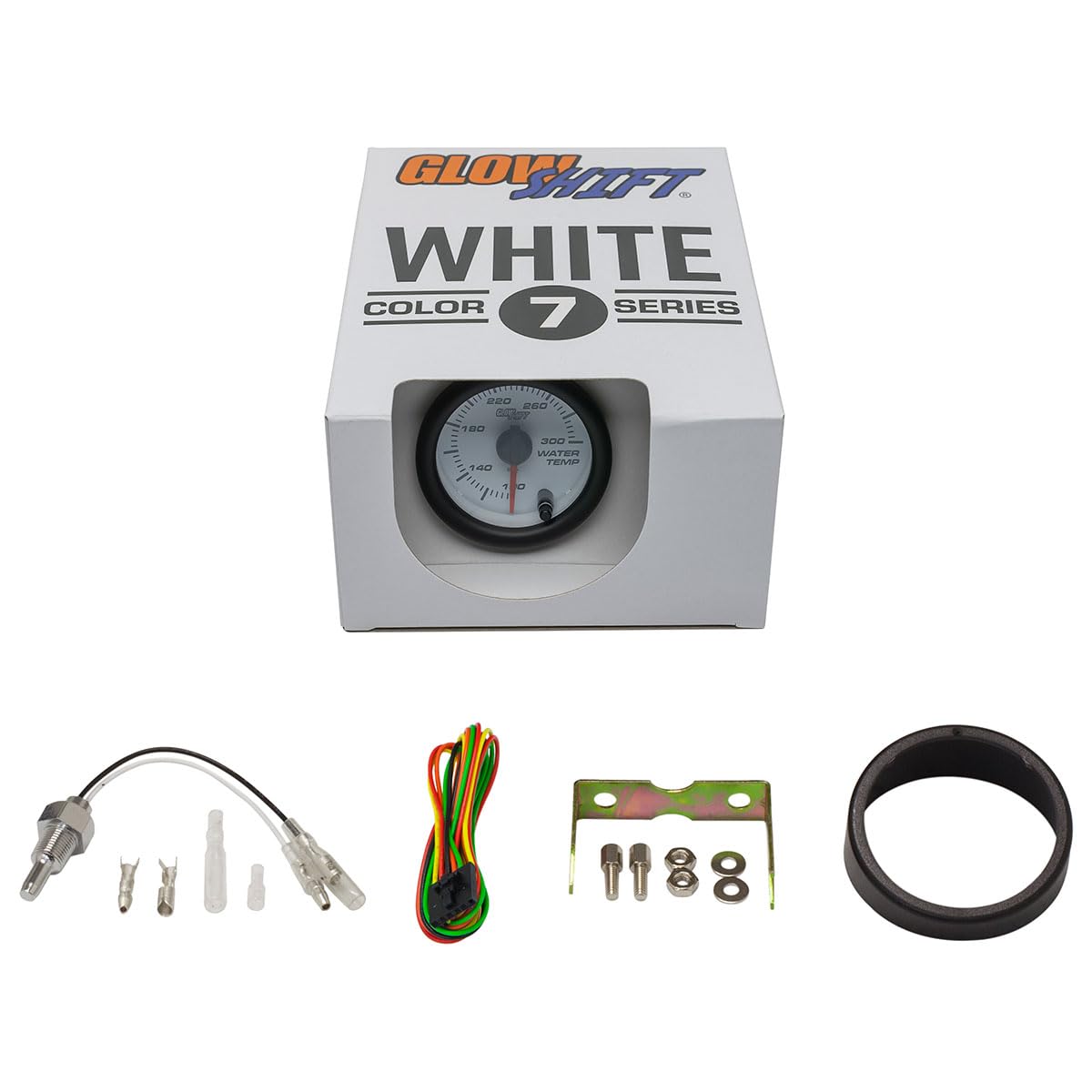 Glowshift White 7 Color 300 F Water Coolant Temperature Gauge Kit - Includes Electronic Sensor - White Dial - Clear Lens - For C