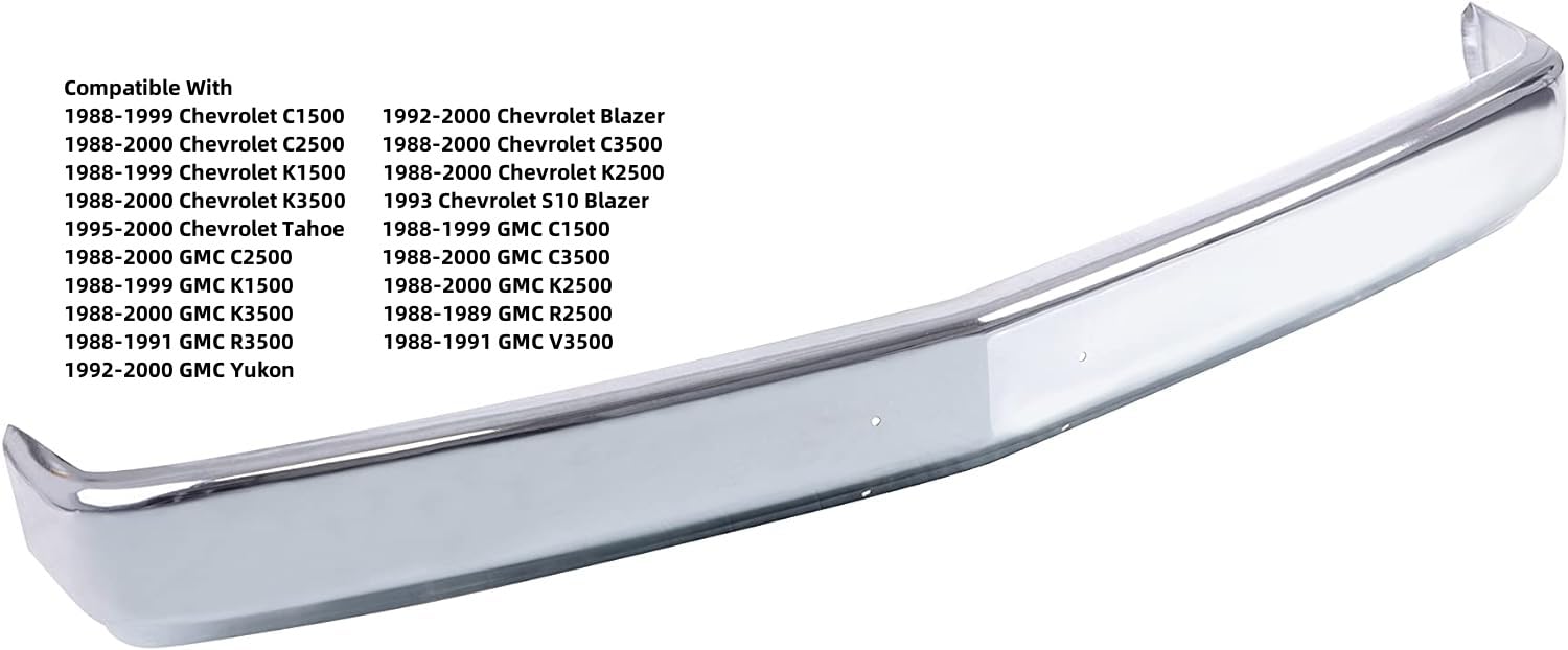 JustDrivably Front Bumper Face Bar, Chrome Steel, Compatible with Chevy/GMC 1500 2500 3500 Blazer S10 Tahoe Yukon 1988-2000