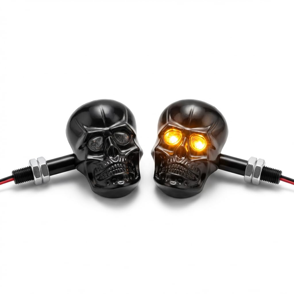 PerfecTech Motorcycle 10mm Screw Skull Head LED Amber Turn Signal Indicator Light (Black)