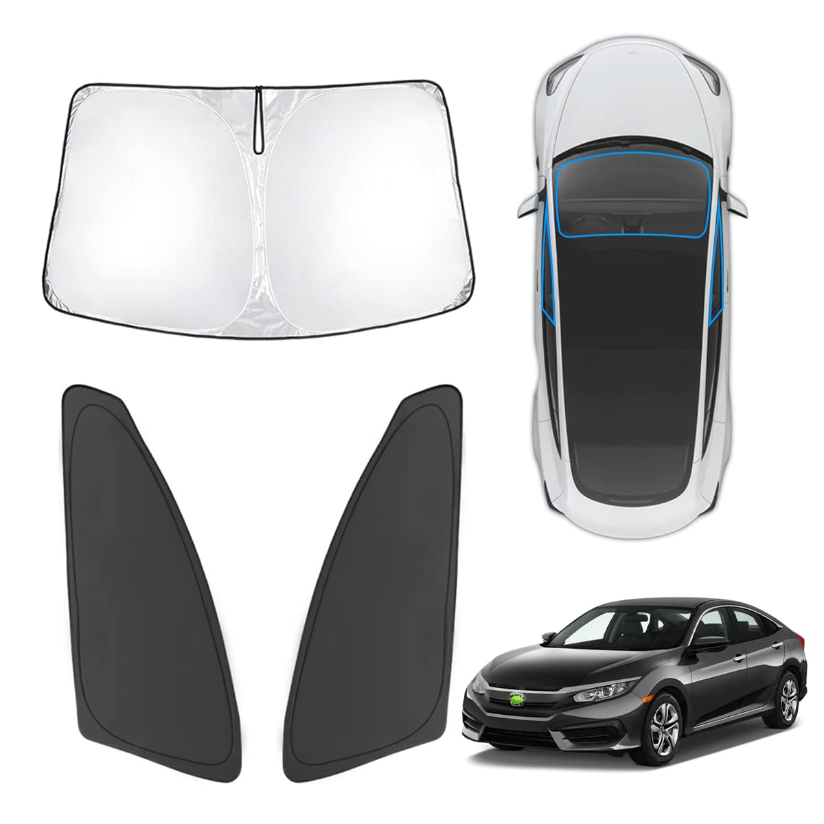 Karltys 3Pcs Windshield Sun Shade For 2016-2021 Honda Civic, Front And Side Window Sunshade Custom Fit 10Th Gen. Civic, Thick Re
