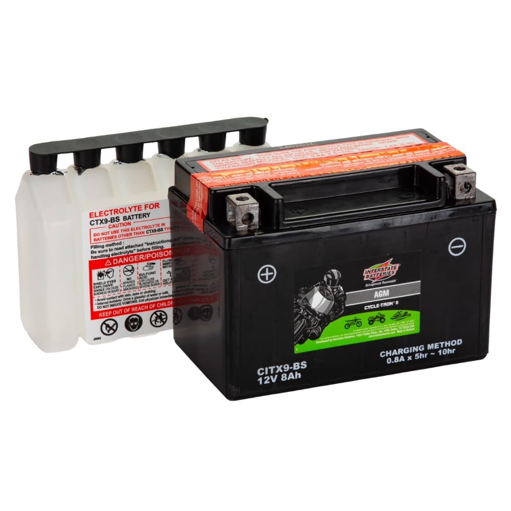 Interstate Batteries YTX9-BS 12V 8Ah AGM Motorcycle Battery Replacement for BMW, Honda, Kawasaki, ATVs, Scooters