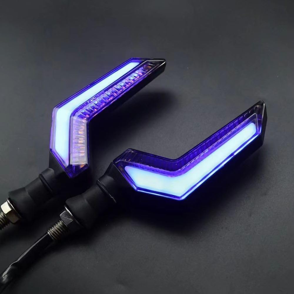 Mailaier Universal Motorcycle LED Turn Signal Blade Shaped Dual Color Front and Rear Indicator lights, Amber Yellow Flowing and 