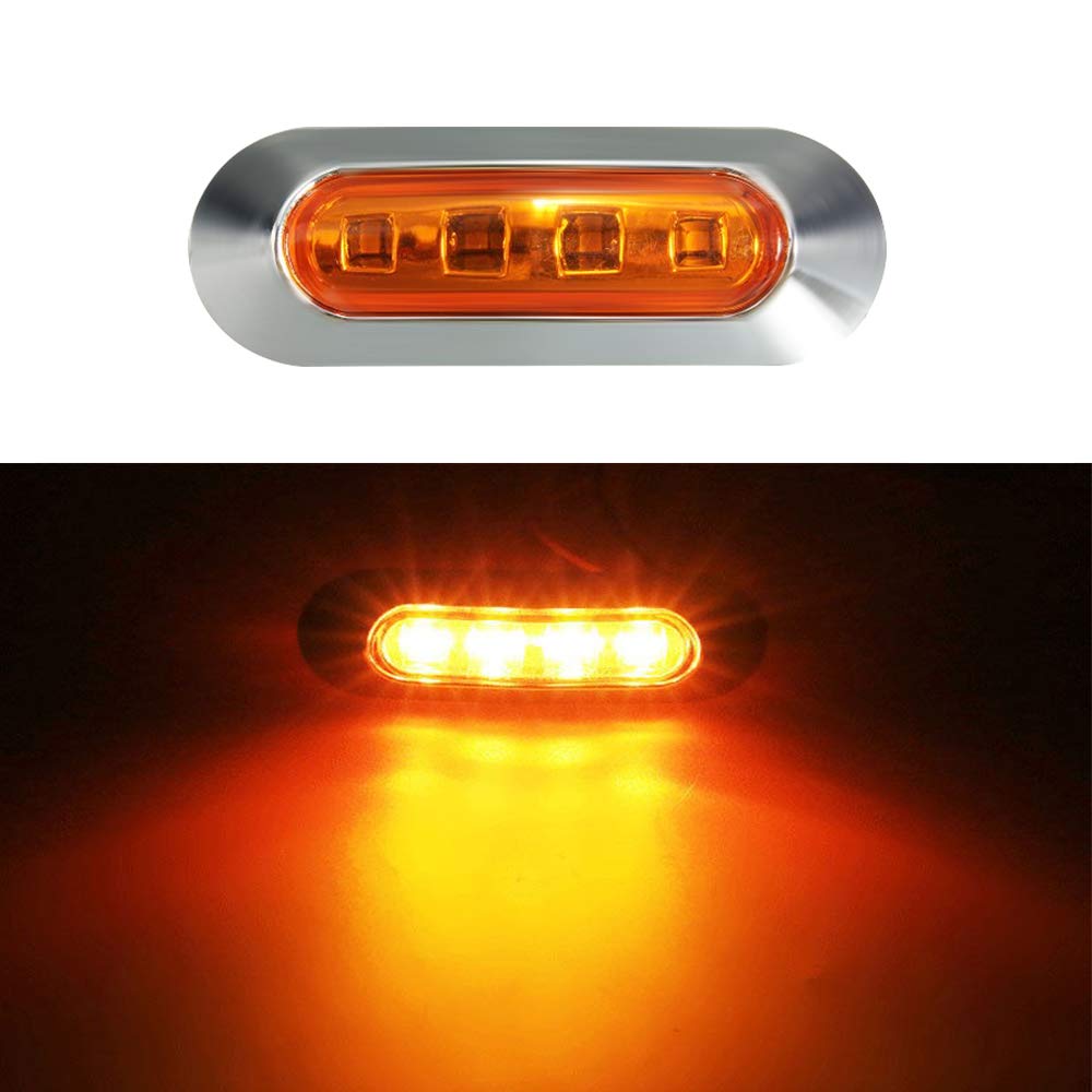 ALFU 10PCS Amber 4 LED Side Marker Indicator Lights for Auto, Bus, Truck, & Trailer - Model 682s, Chrome Bezel, Universal Fit