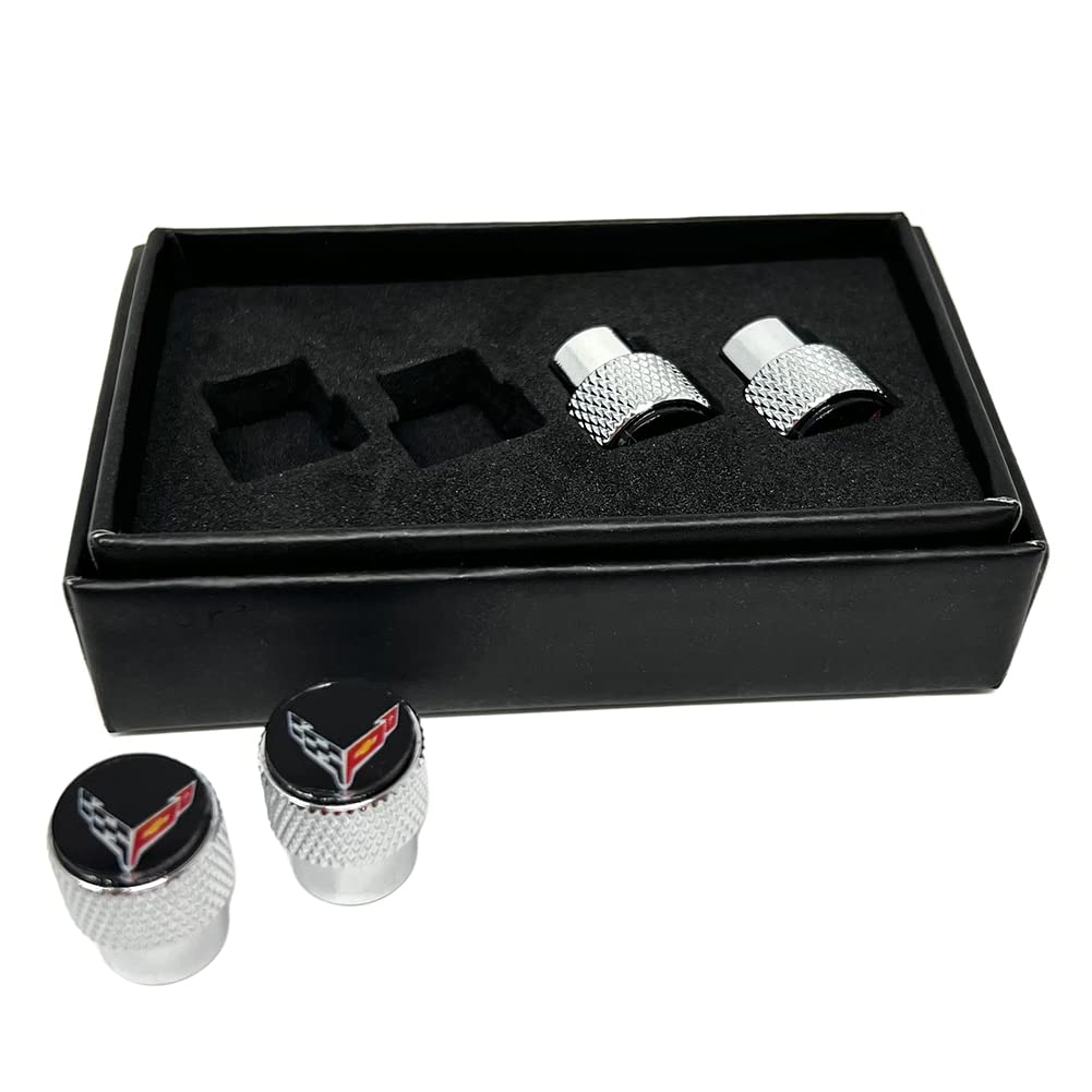 C8 Corvette Aluminum Valve Stem Caps - Crossed Flags Logo Set of 4 for 2020-2025 Corvettes (Knurled)