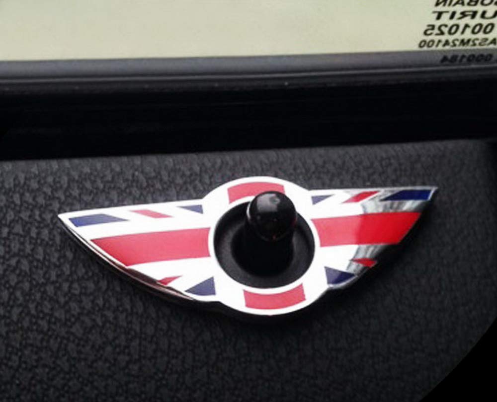iJDMTOY (2) Union Jack Style Wing Emblem Rings for Mini Cooper R55 R56 R57 R58 R59 Door Lock Knobs, Red/Blue UK Flag Design (Doe