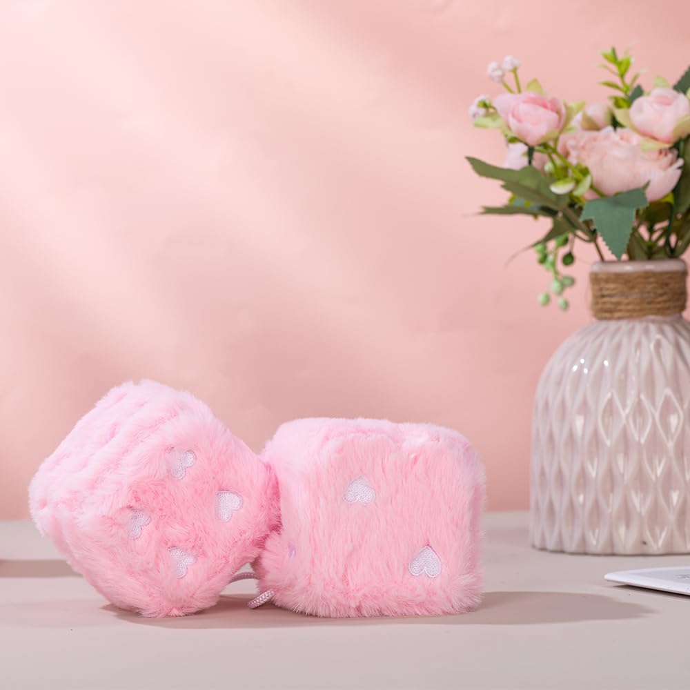 Heart Embroidered Baby Pink Fuzzy Plush Dice - 3-Inch Decorative Car Mirror Hanging Ornaments, Soft Foam, Easy Install, Great Gi