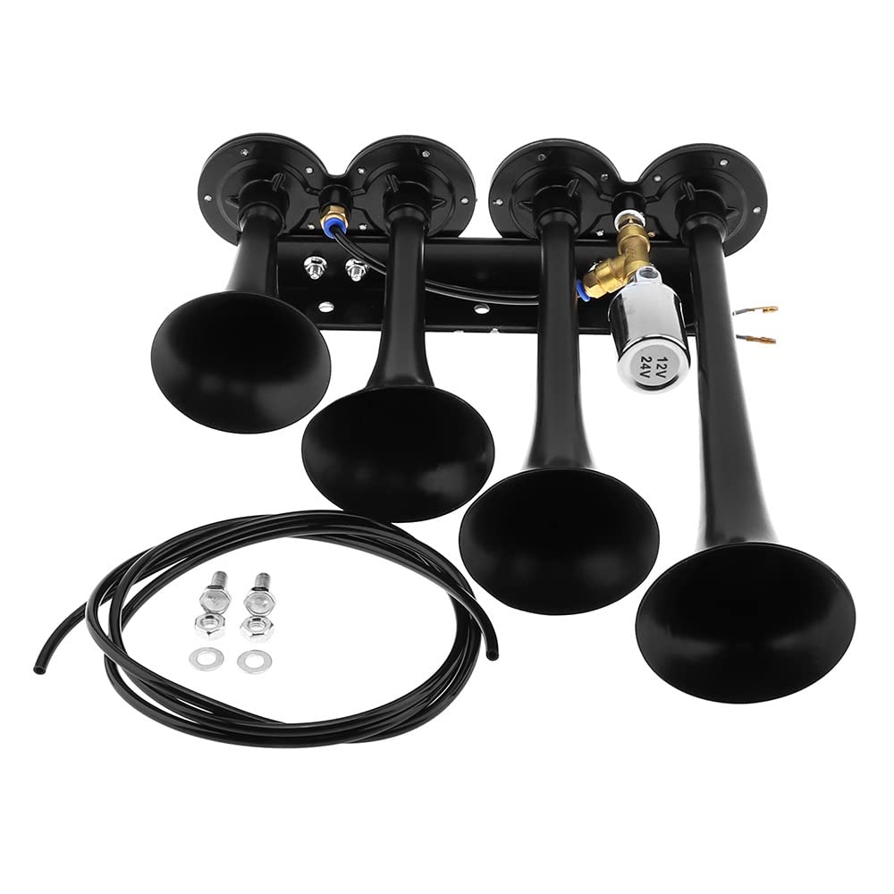 Drisentri 12V / 24V Truck Train Air Horn, 185Db Super Loud Four Trumpet Air Horn For Car Vehicle Truck Train Boat