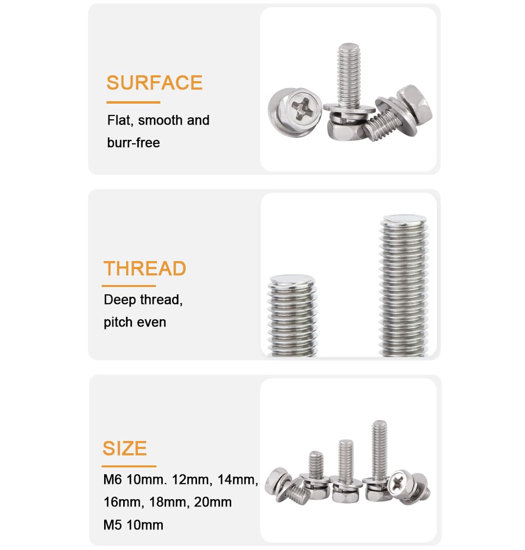 Binifimux 6-Pack Motorcycle Battery Terminal M6 X16Mm Bolt Square Nut Kit Stainless Steel 304