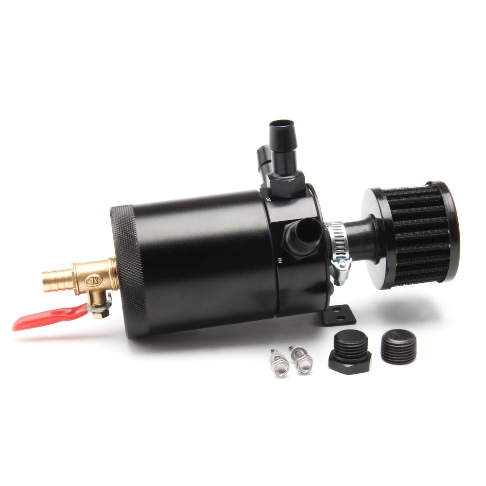 WENJTP 150ml Car Oil Catch Can Kit - Compact 3-Port Oil Separator, Black Aluminum with Breather Filter & Drain Valve, Model M2/OCC002-3-BK