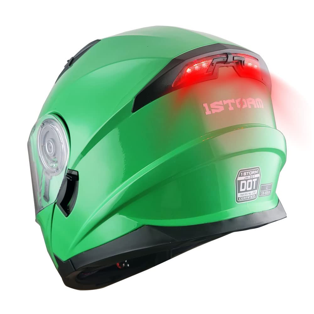 1Storm New Motorcycle Bike Modular Full Face Helmet Dual Visor Sun Shield With Rechargeable Led Tail Light: Glossy Green