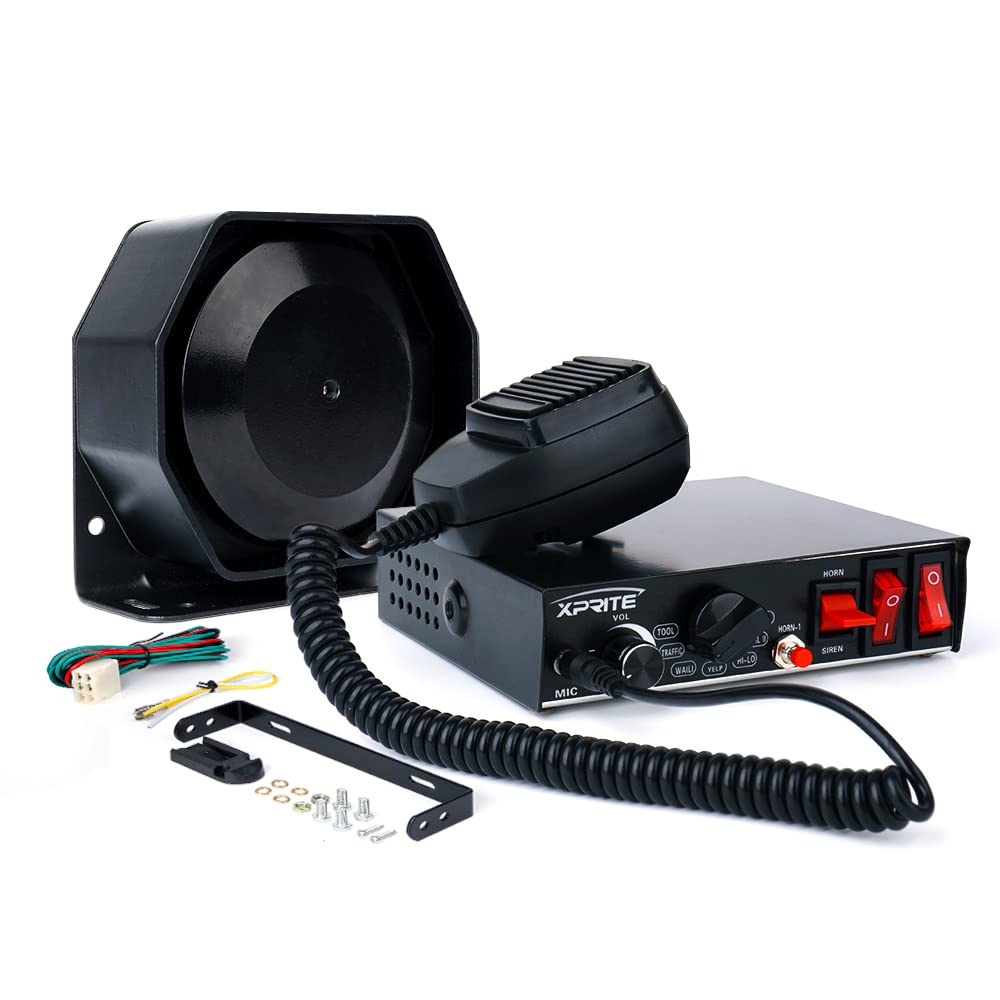Xprite 8 Tones 200 Watt Emergency Warning Siren Extra Slim Speaker Pa System Kit W/Handheld Microphone & 2 Lights Control Switch