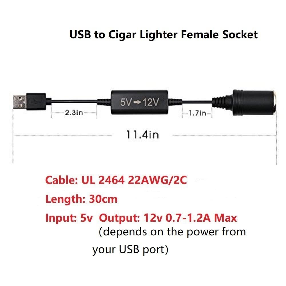 KUNCAN USB to Cigarette Lighter Socket - USB 5V to 12V Female Car Cigar Lighter Converter Cable, 5V to 12V Step Up Cable (0.7A-1