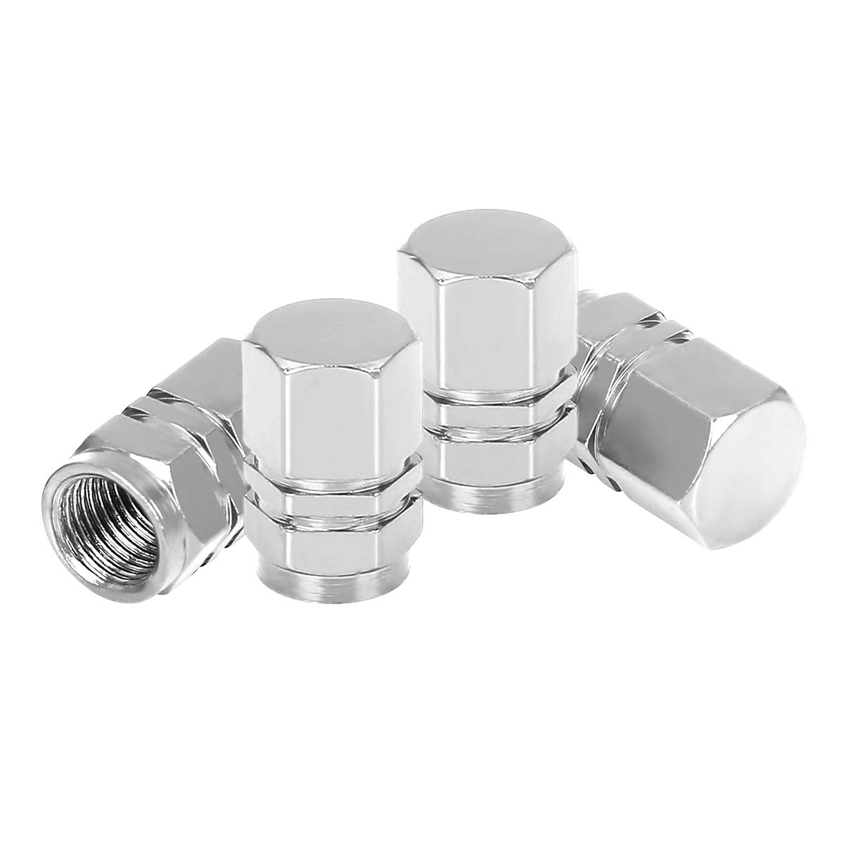 4 PCS Tire Stem Valve Caps Wheel Valve Covers Car Dustproof Tire Cap, Leak-Proof Air Protection Fits Cars, Trucks, Bikes, Motorcycles, Bicycles, Hexagon Shape Design (Silver) -Like New