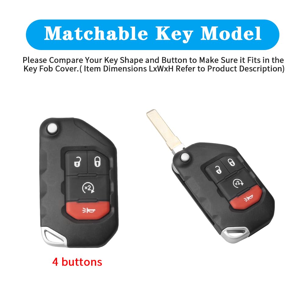 QBUC Jeep Key Fob Cover With Keychain - Flip Key Case Protector for 2018-2024 Wrangler JLU JL, 2020-2023 Gladiator Rubicon JT (R