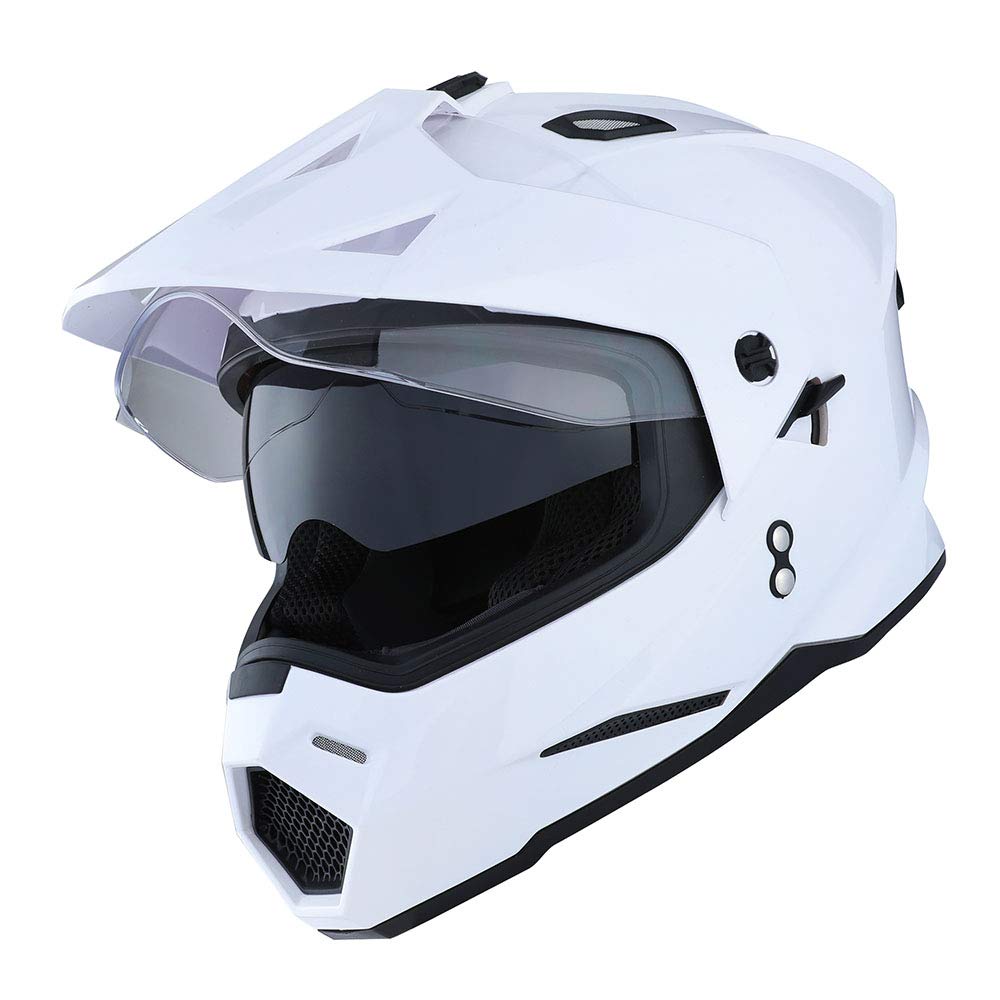 1Storm Dual Sport Motorcycle Motocross Off Road Full Face Helmet Dual Visor Glossy White, Size L (57-58 Cm 22.4/22.8 Inch)