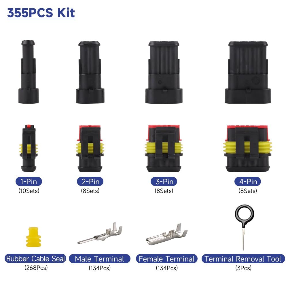 Ymyp 355Pcs 26 Sets Waterproof Automotive Wire Connectors - 1/2/3/4 Pin Connectors Male And Female For Cars Motorcycles & Boats