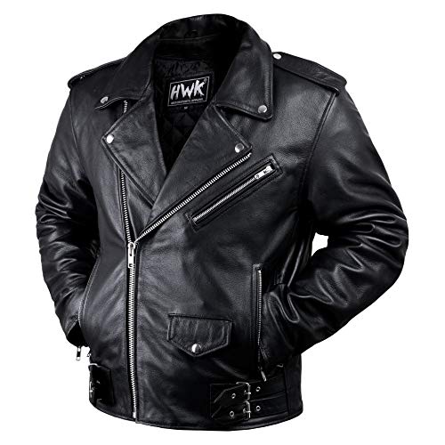 HWK Brando Leather Motorcycle Jacket - Black, Large, Genuine Leather, Removable CE Armor, Thermal Lining, Weather Resistant
