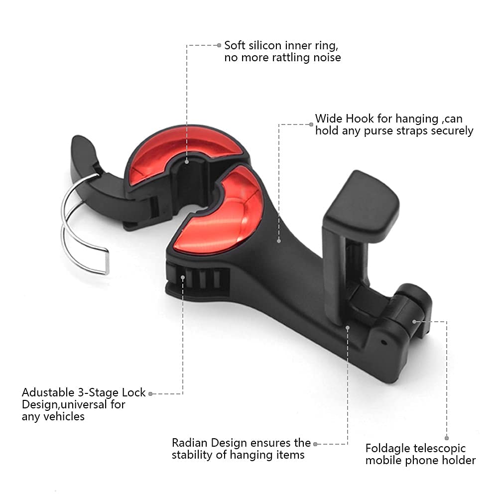 Udikefo Universal Car Vehicle Back Seat Headrest Mobile Phone Holder Hanger Holder Hook For Bag Purse Cloth Grocery (Red - 2 Pac