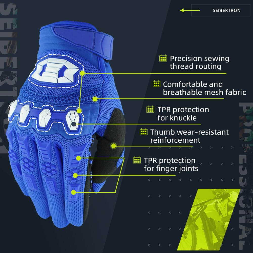 Seibertron Youth Dirtpaw Unisex Mx Atv Mtb Racing Gloves - Full Finger Touchscreen Glove For Bicycle Cycling Mountain Biking Mot