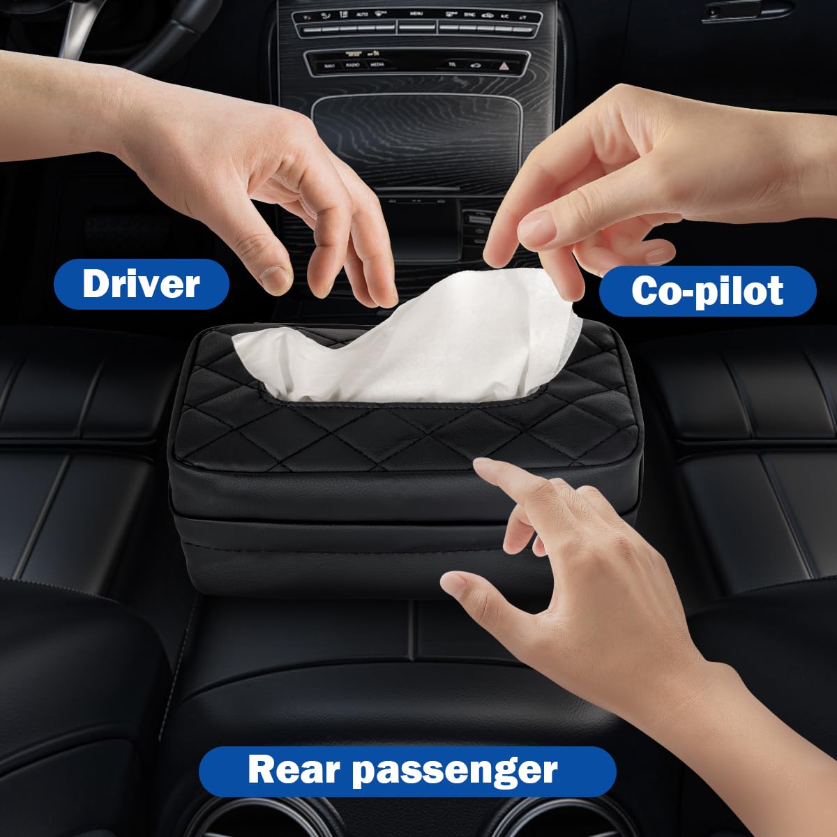 VETERBONE Car Tissue Holder - PU Leather, Fits 120-230 Tissues, 9.84''x4.72''x5.91'', Black, Model FC 1