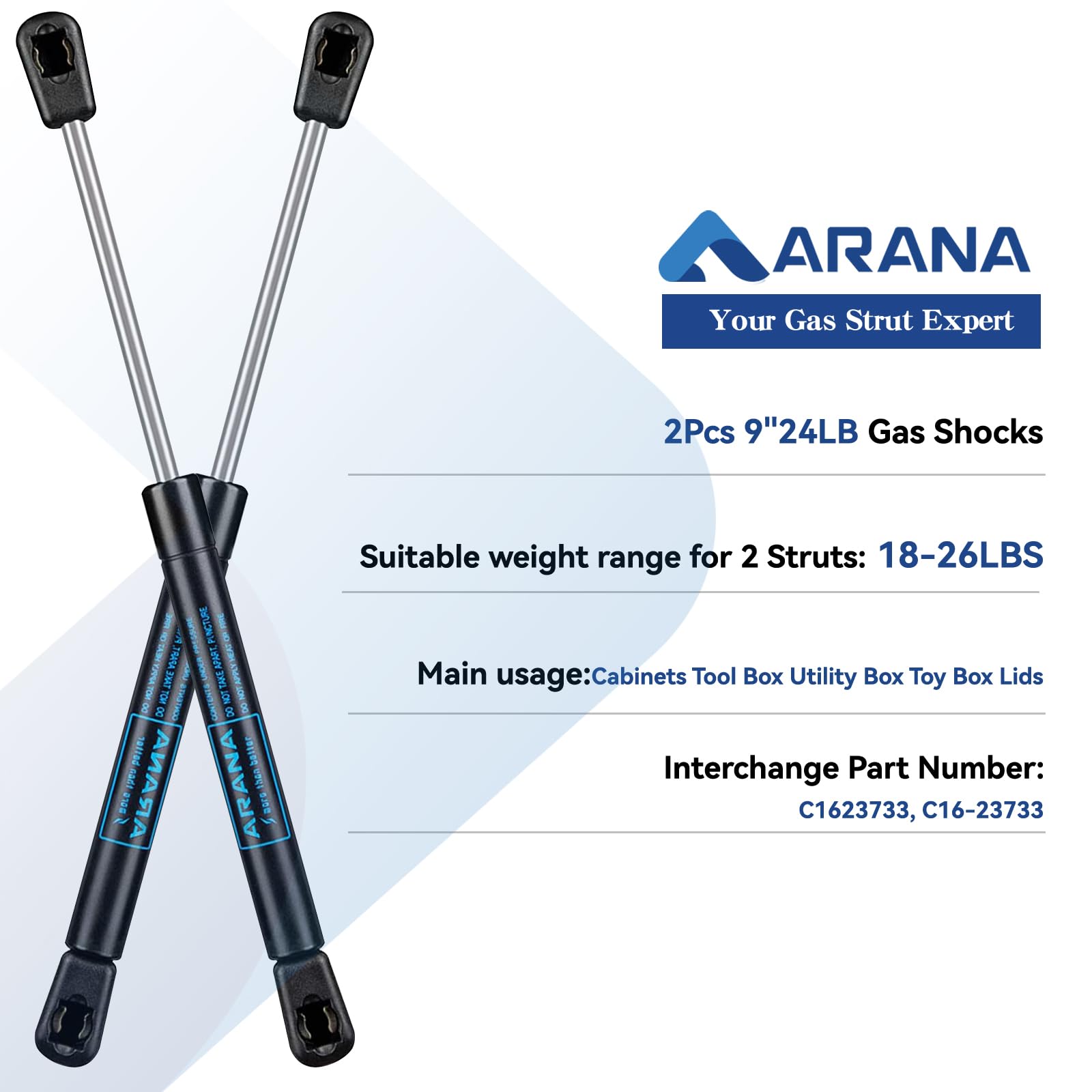 ARANA 9 inch 25 Lb/107 N Gas Struts Spring Shocks 9 24 Pound Lift Support C16-23733 for Tool Box Lid Toolbox Cabinet Door Truck