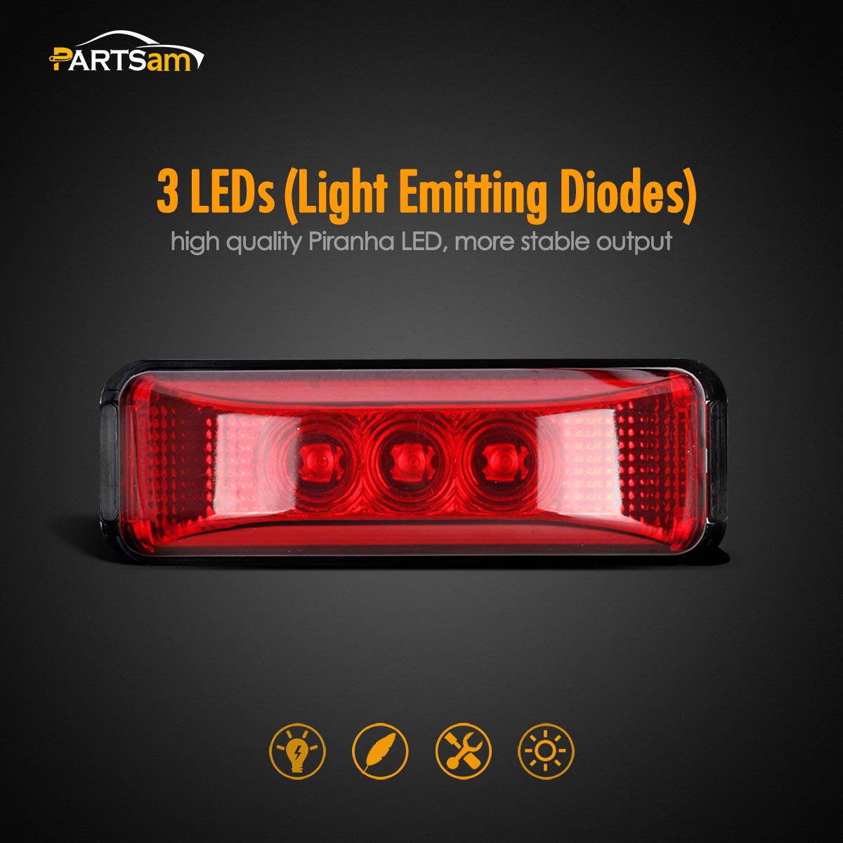 Partsam 10Pcs 3.9 Inch Red 3Led Side Marker Clearacne Light With Reflectors For Trailer Truck Rv Camper, Waterproof, Dc12V