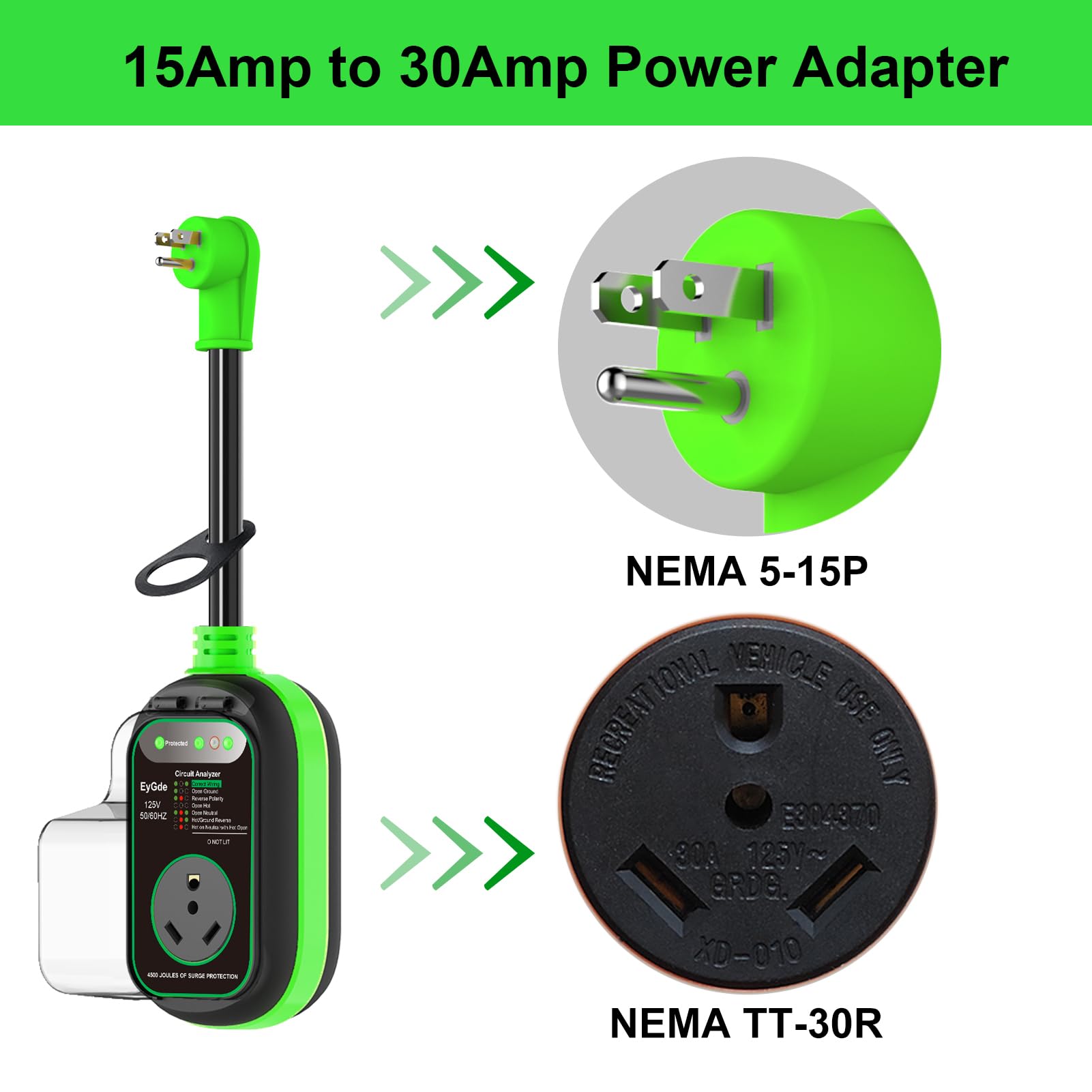EyGde 15A to 30A RV Adapter with Surge Protector, 4500J, Waterproof Cover, Model FC-19, Green, for Camper Travel Trailer
