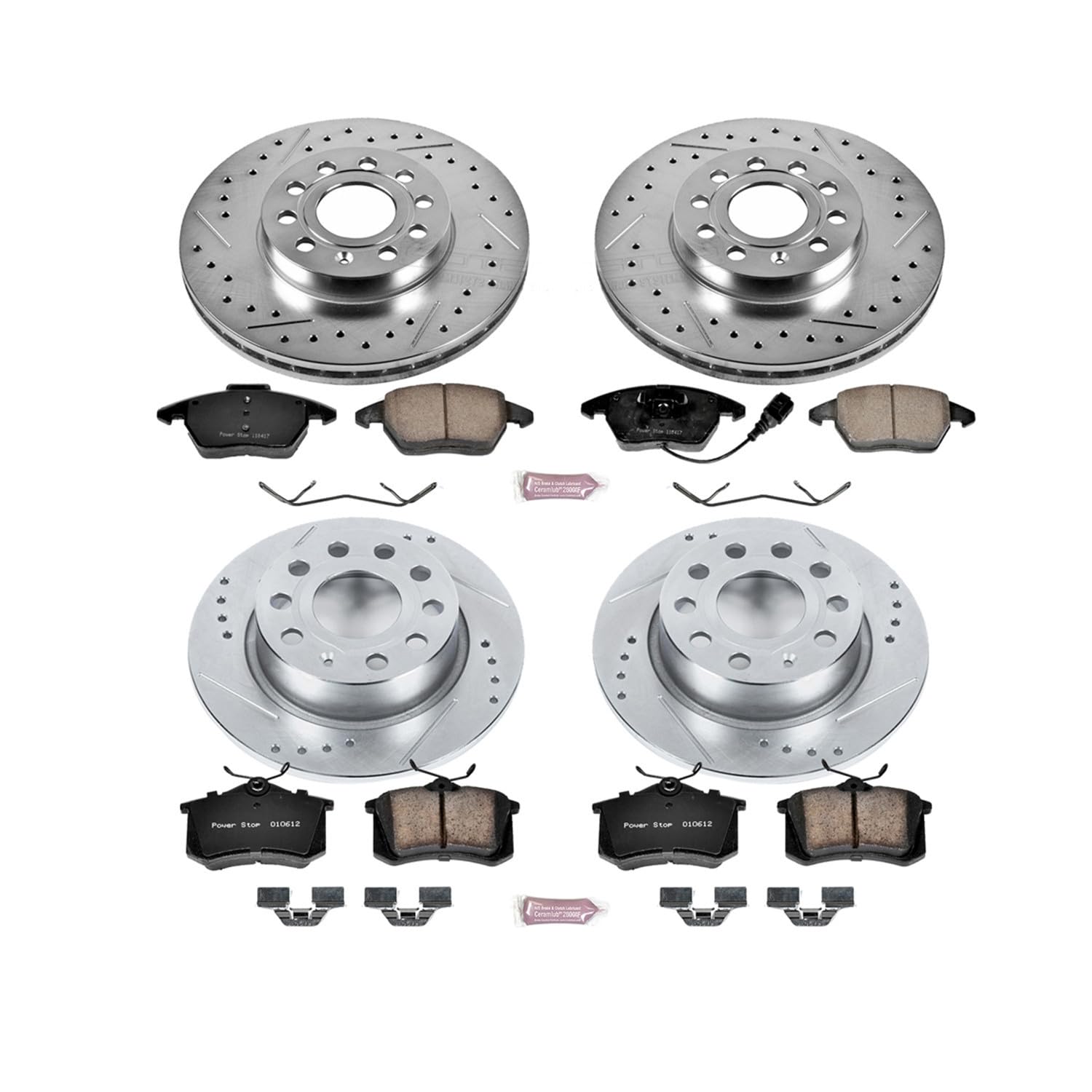 Power Stop K5749 Front and Rear Z23 Carbon Fiber Brake Pads with Drilled and Slotted Brake Rotors Kit For Audi A3 VW Beetle Jett