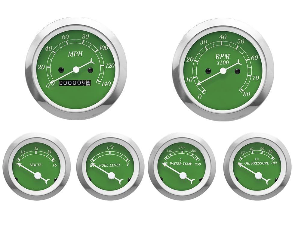 MOTOR METER RACING Classic 6 Gauge Set with Mechanical Speedometer Analog Odometer Green Dial White Needle Light Bulb Illuminati