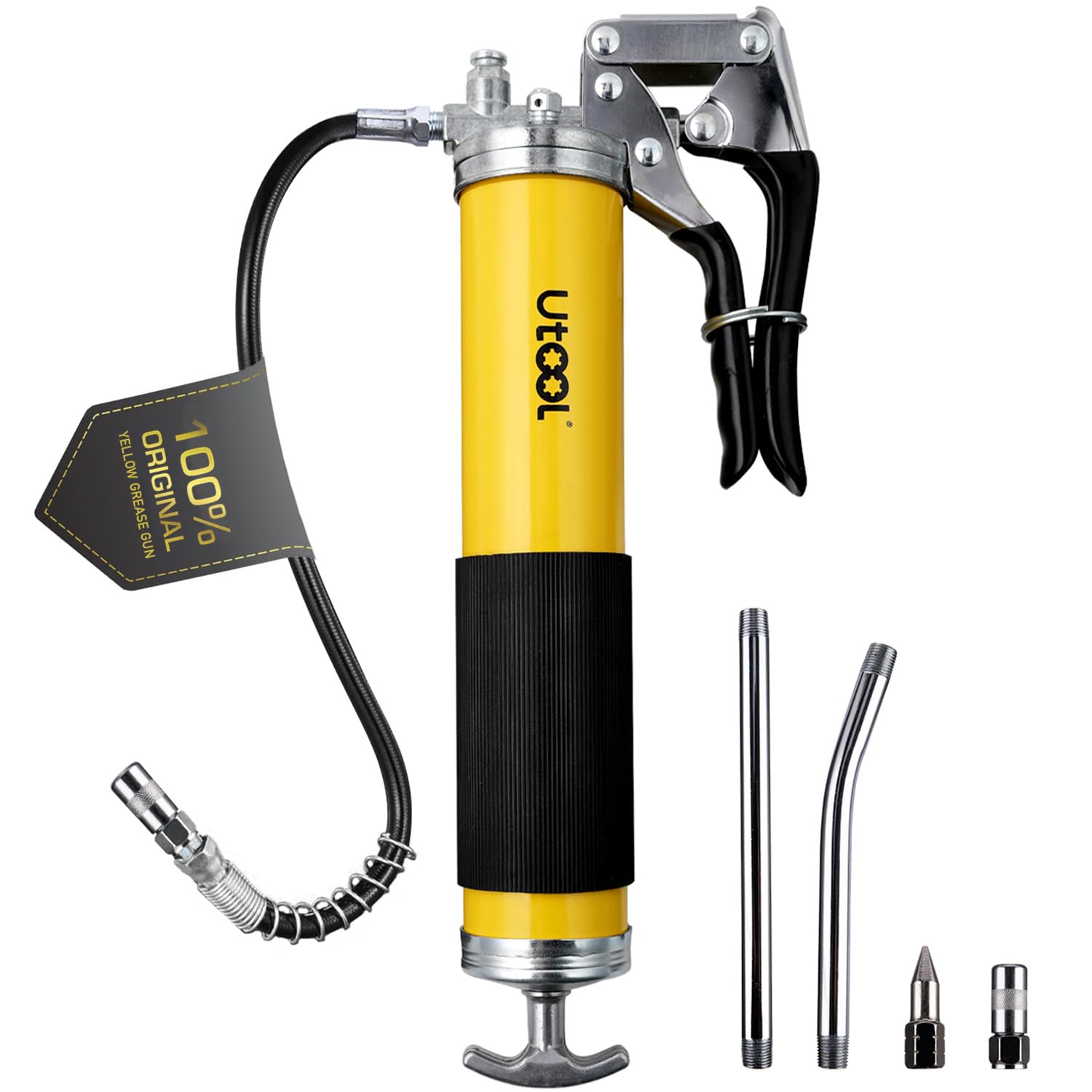 UTOOL Heavy Duty Grease Gun Set, 7000 PSI, 14 oz, Black/Yellow, Includes Flex Hose, Couplers, Rigid Pipe, Sharp Nozzle