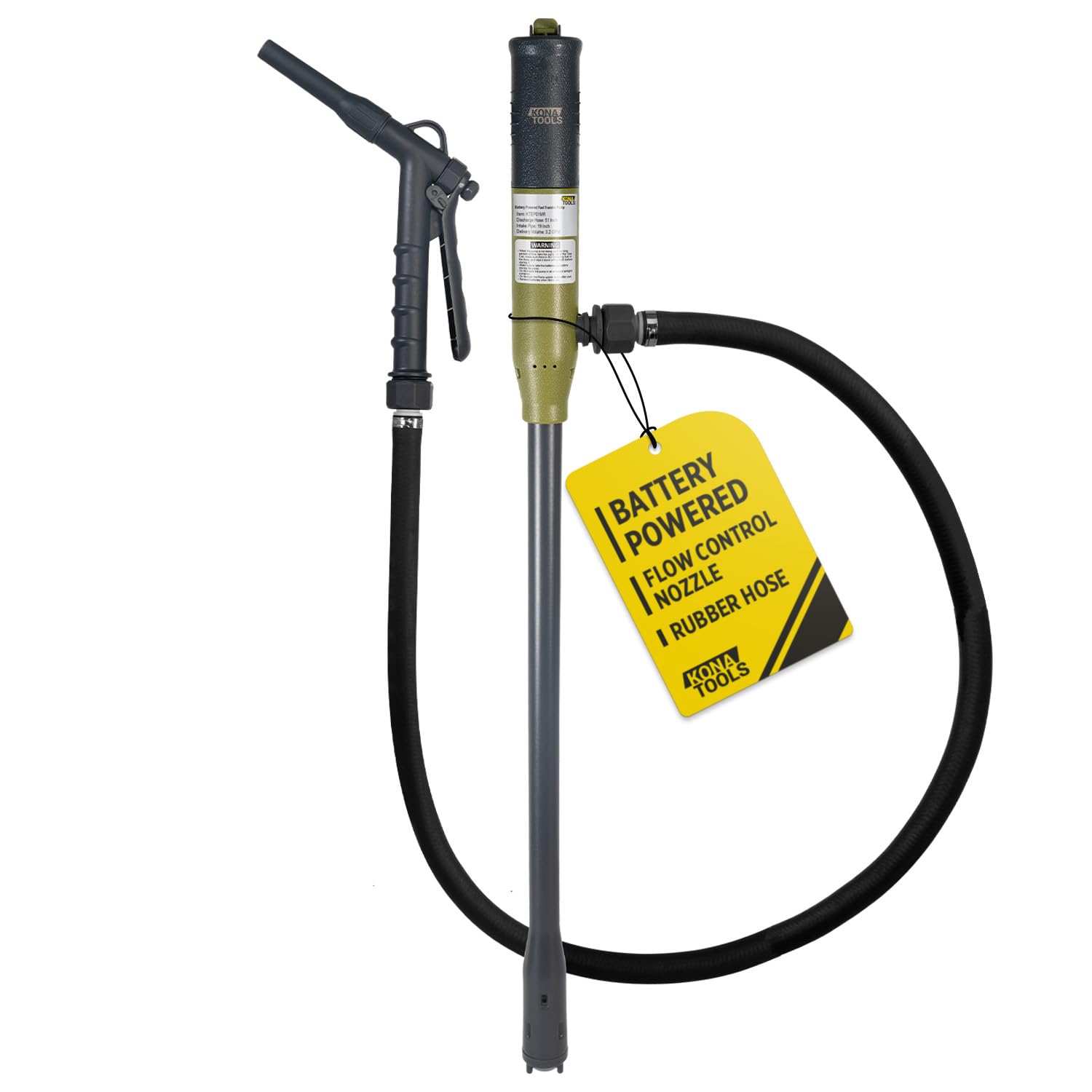 KONA TOOLS KTEP01MR Battery Powered Fuel Transfer Stick Pump with Manual Flow Control Nozzle (3.2 GPM) with On/Off Switch, 4.3ft