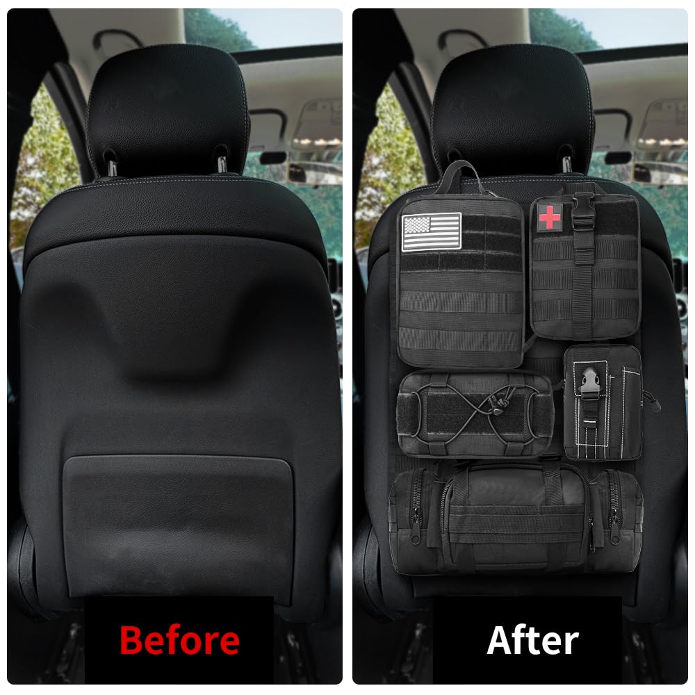 Banklif Universal Tactical Vehicle Seat Back Organizer Panel With 5 Detachable Molle Pouches - Medical, Phone, Storage Pouch, Su