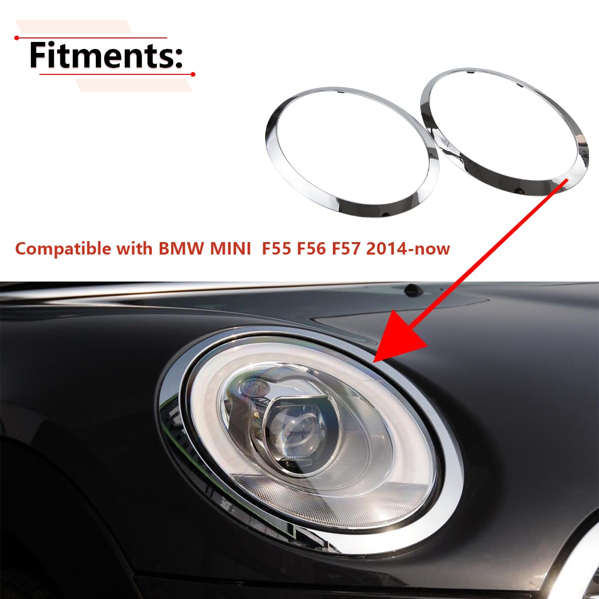 Rlb-Hilon Headlight Trim Ring Compatible With Mini Cooper F55 F56 F57 2014 2015 2016 2017 2018 2019 2020 2021 Year, 1Pair Chrome