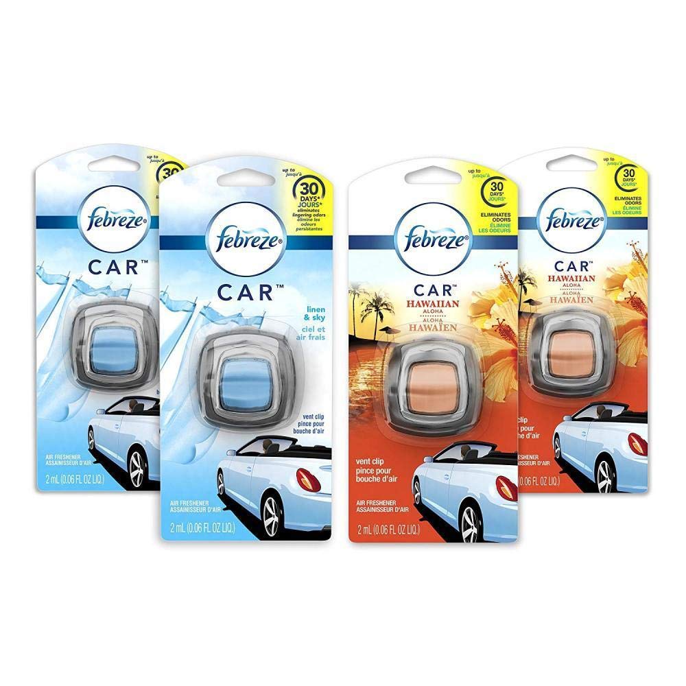 Febreze Car Air Fresheners, 2 Linen & Sky And 2 Hawaiian Aloha Scents, Odor Eliminator For Strong Odors (4 Count)