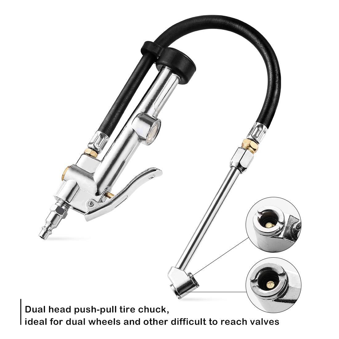 CZC AUTO Tire Inflator Air Pressure Gauge with Rubber Hose, 10-120PSI Dual Head Heavy Duty 1/4'' FNPT Tyre Inflator Gage Compati