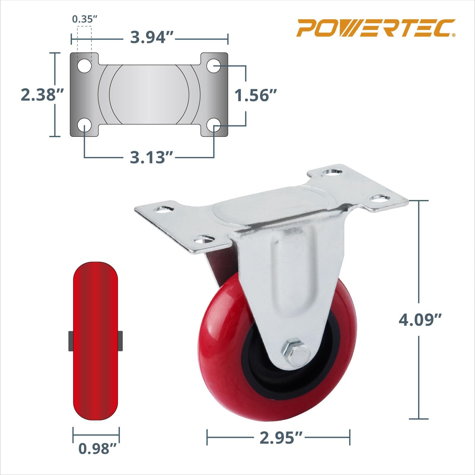 Powertec 3 Inch Fixed Caster Wheels With 640 Lbs Loads, Heavy Duty Plate Casters, Rigid Fixed Rubber Castor Wheels For Furniture