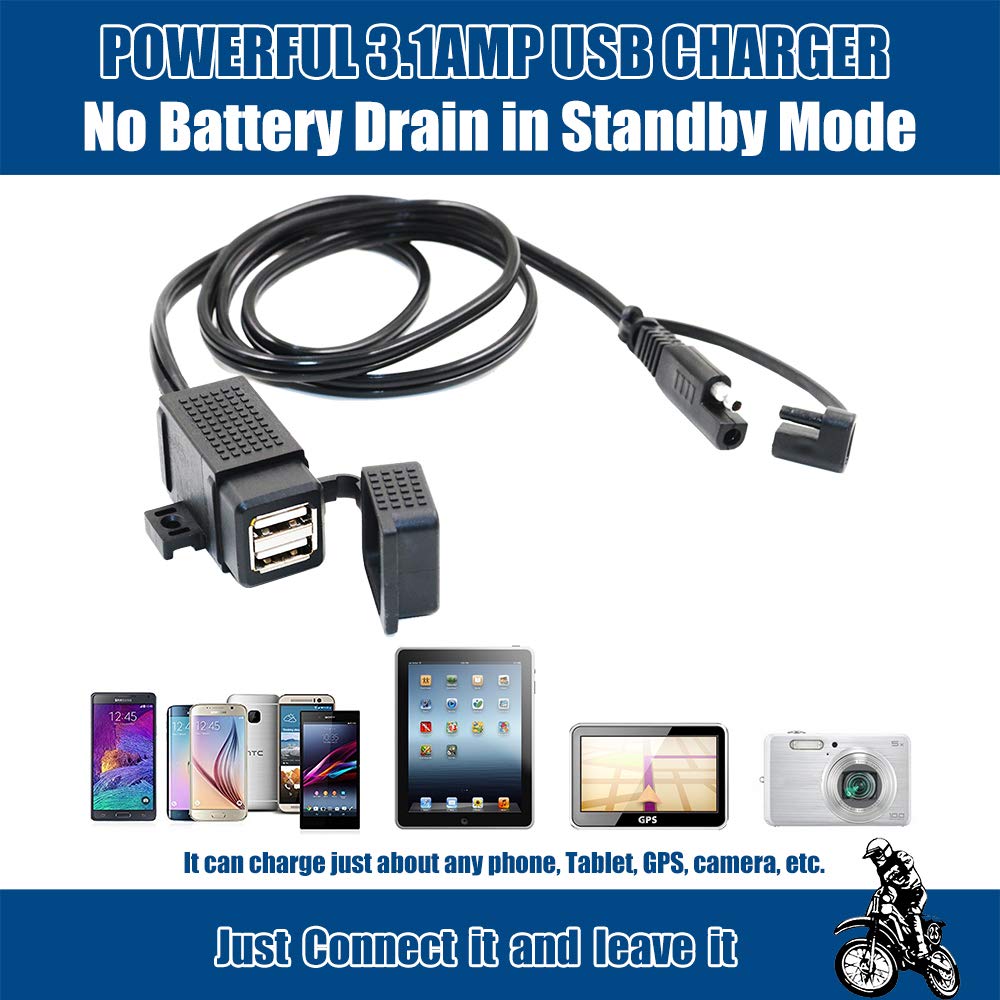 Motopower Mp0609C 3.1Amp Waterproof Motorcycle Dual Usb Charger Kit Sae To Usb Adapter Cable Phone Tablet Gps Charger (Sae To Dual Usb Adapter)
