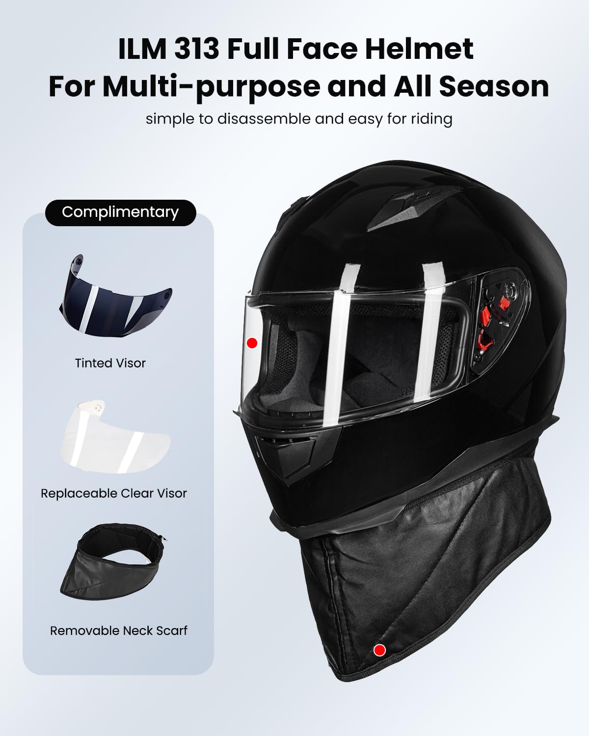 Ilm Full Face Motorcycle Street Bike Helmet With Removable Winter Neck Scarf + 2 Visors Dot Model-Jk313 (Xl, Gloss Black)