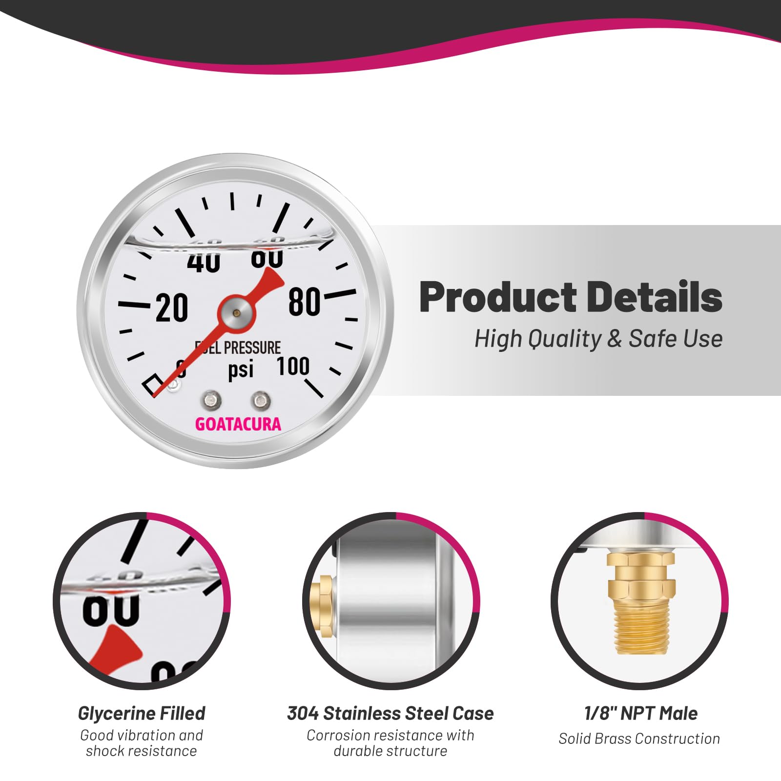 Goatacura 0-100Psi Glycerin Filled Fuel Pressure Gauge, 1-1/2'' Dial Size, 304 Stainless Steel Case, 1/8'' Npt Center Back Mount
