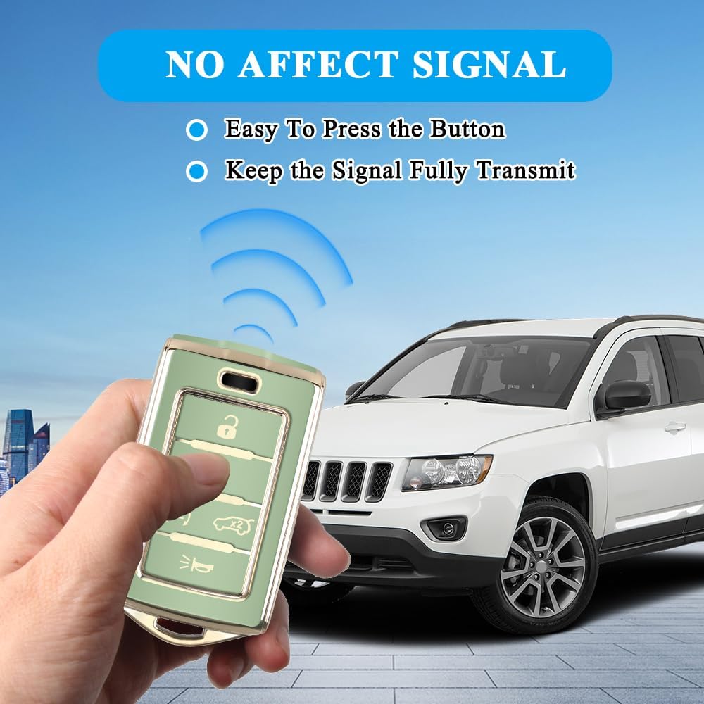 MILD EAST Jeep Key Fob Cover with Keychain, Soft TPU Protection, 5 Buttons, Standard Size, Green, Fits Grand Cherokee & Wagoneer 2021-2023
