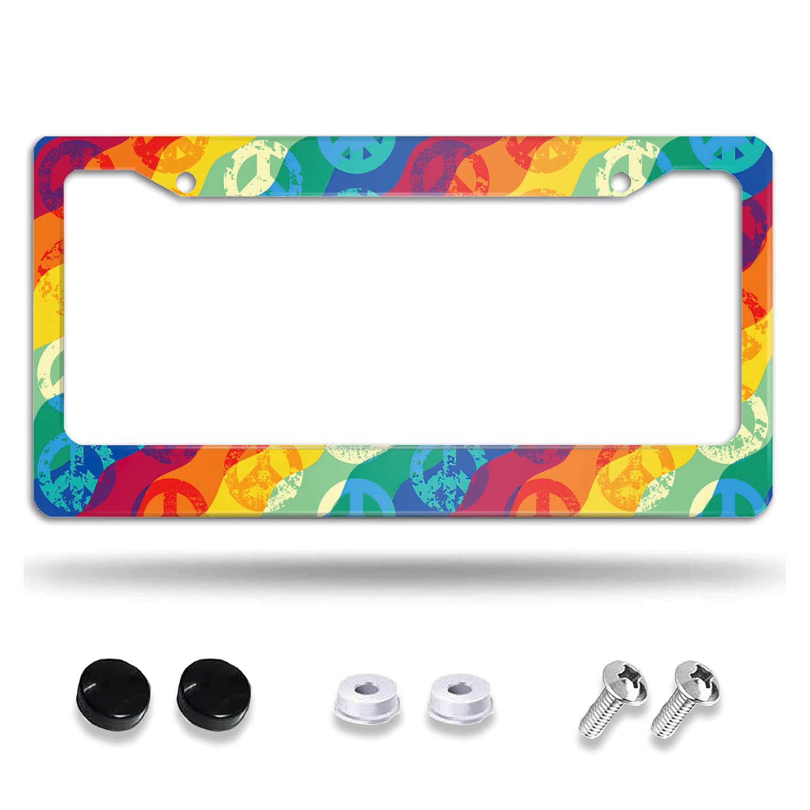 Meikosks Rainbow Peace and Love License Plate Frame,Metal Aluminum Car Cover Tag Holder Frames,2 Holes with Screw Caps for Men W