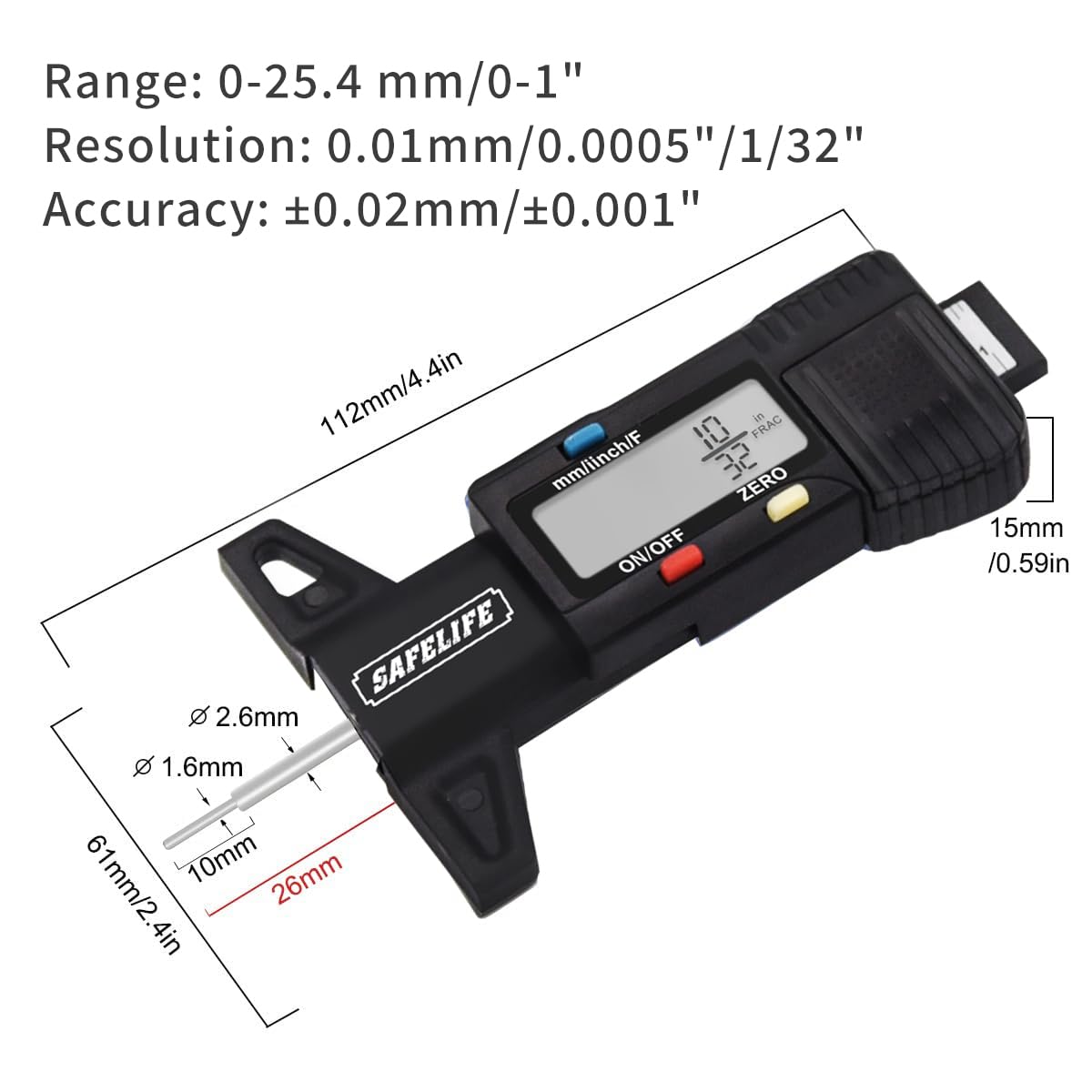 SAFELIFE Digital Tire Tread Depth Gauge - 3 Modes, Black, Model GL-1707, Accurate Measurement for Cars, Trucks, Motorcycles