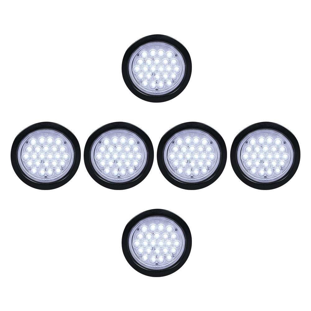 6pcs Clear Lens 4 Inch Round 24-LED WHITE Back Up Lamp Reverse Rear Parking Lamps Tail Lights w/Grommet Wiring Plug Compatible w